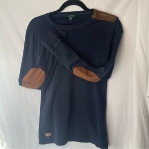 LRL Navy Equestrian Long Sleeve Shirt Suede Elbow Patches and Zipper Medium